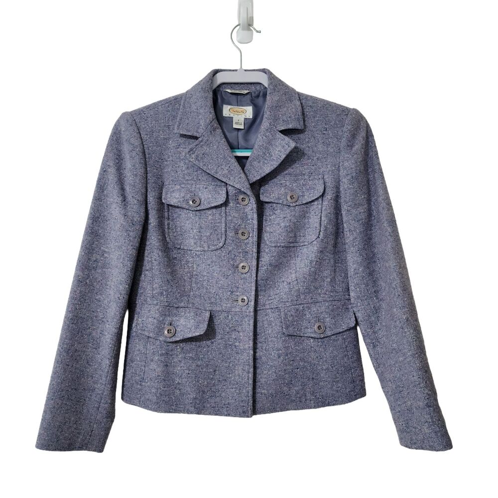 Vintage Talbots Petites 2P Italian Tweed Wool Silk Military Jacket Blue Purple